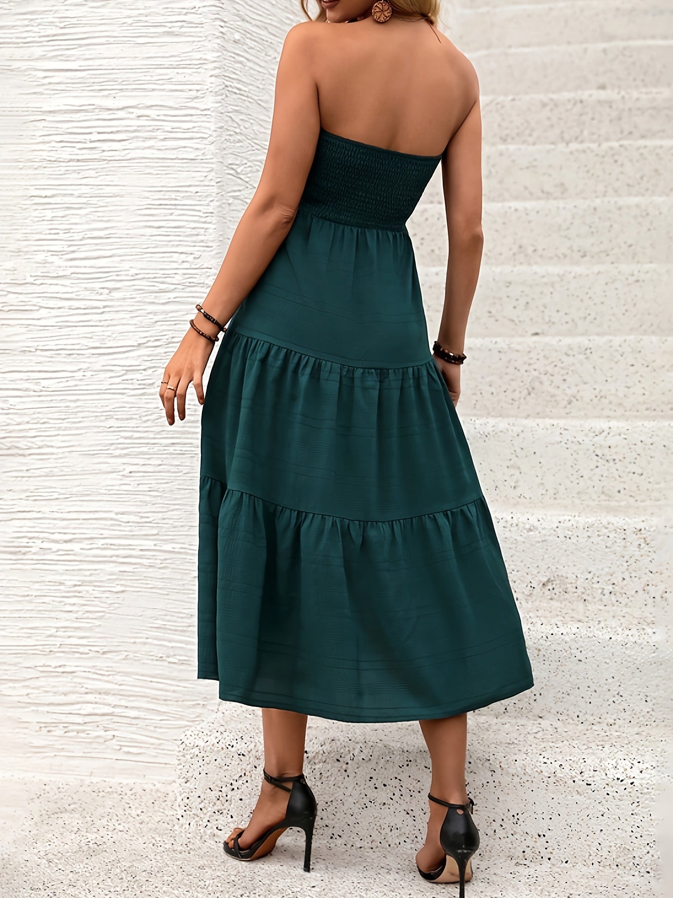 Elegant Solid Color Bandeau Shirred Tube Dress - Ruffle Hem, Backless, Layered, No Elasticity, Polyester, Woven - Perfect for Spring/Summer Wedding, Graduation, Engagement, Party, Holiday, Birthday Occasions