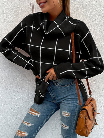 Women's Woolen Shirt - Grid Jacquard, High Pile Collar, Shoulder Long Sleeve, Loose Fit, Comfortable, Fashionable, Generous Half Long Slit, Autumn and Winter Wear