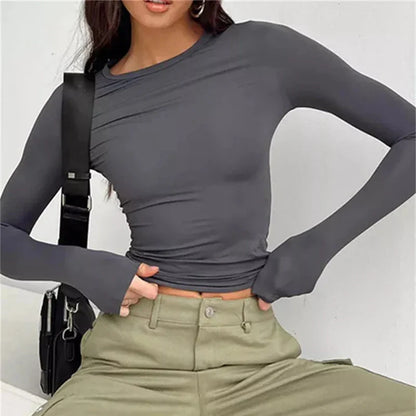 eybag Women Casual Long Sleeve T-Shirts Spring Autumn Solid Color Slim Fit Pullovers Tees Shirts Female Streetwear Base Crop Tops