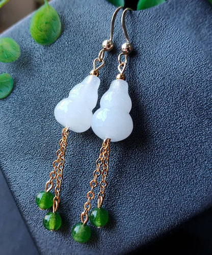 - 14K Gold Jade Gourd Gem Stone Tassel Drop Earrings