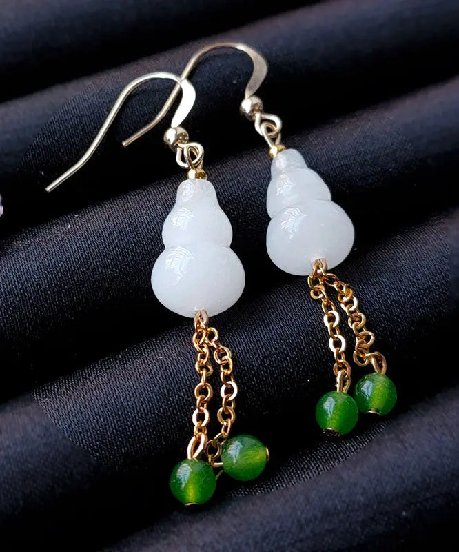 - 14K Gold Jade Gourd Gem Stone Tassel Drop Earrings