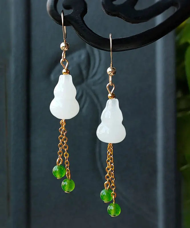 - 14K Gold Jade Gourd Gem Stone Tassel Drop Earrings