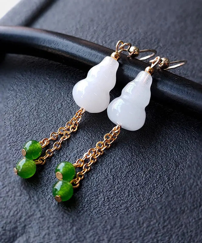 - 14K Gold Jade Gourd Gem Stone Tassel Drop Earrings