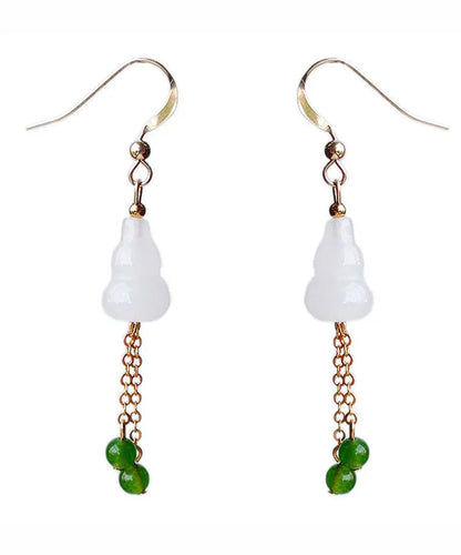 - 14K Gold Jade Gourd Gem Stone Tassel Drop Earrings