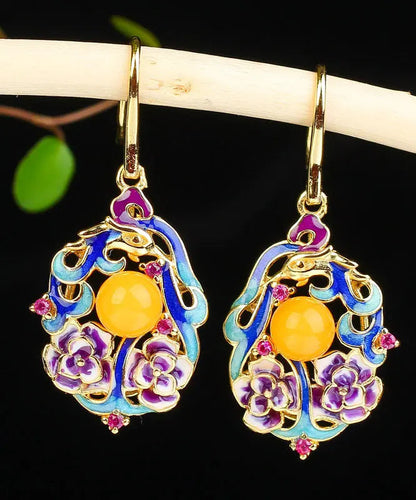 - Sterling Silver Inlaid Beeswax Floral Drop Earrings