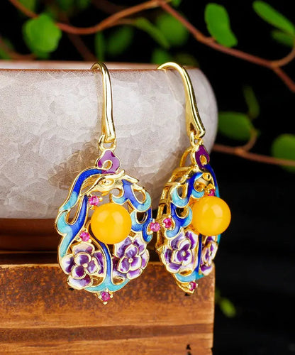 - Sterling Silver Inlaid Beeswax Floral Drop Earrings