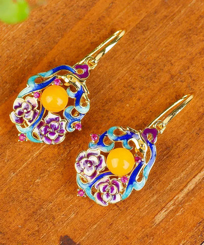 - Sterling Silver Inlaid Beeswax Floral Drop Earrings