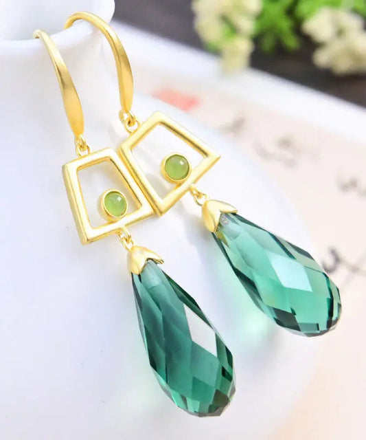 - Sterling Silver Overgild Inlaid Crystal Jade Drop Earrings