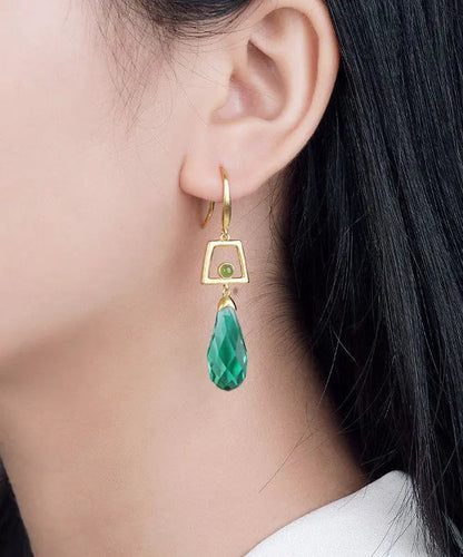 - Sterling Silver Overgild Inlaid Crystal Jade Drop Earrings