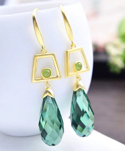 - Sterling Silver Overgild Inlaid Crystal Jade Drop Earrings