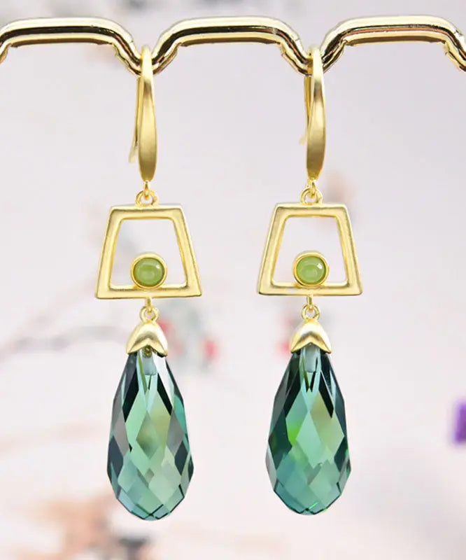 - Sterling Silver Overgild Inlaid Crystal Jade Drop Earrings