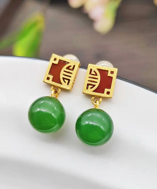 - Sterling Silver Overgild Jade Drop Earrings