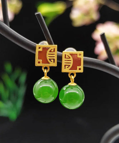 - Sterling Silver Overgild Jade Drop Earrings