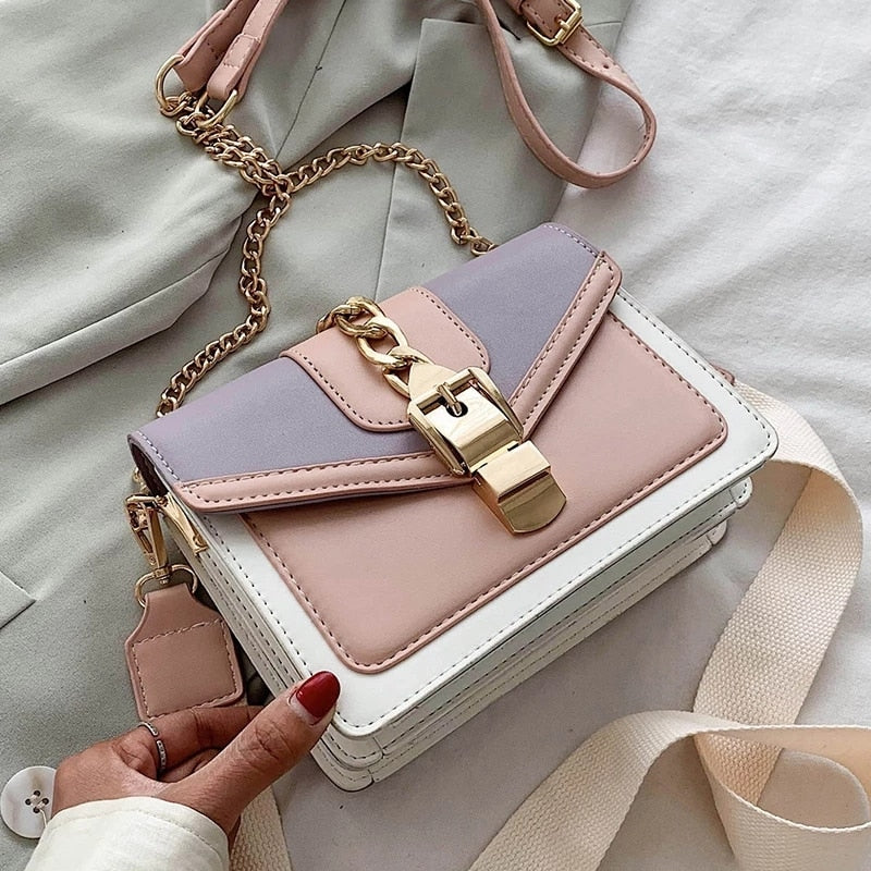 eybag Fashion chain lady Sling bag Panelled color PU Leather Crossbody Bag For Women 2022 new Wide strap Shoulder Messenger Bag Ladies