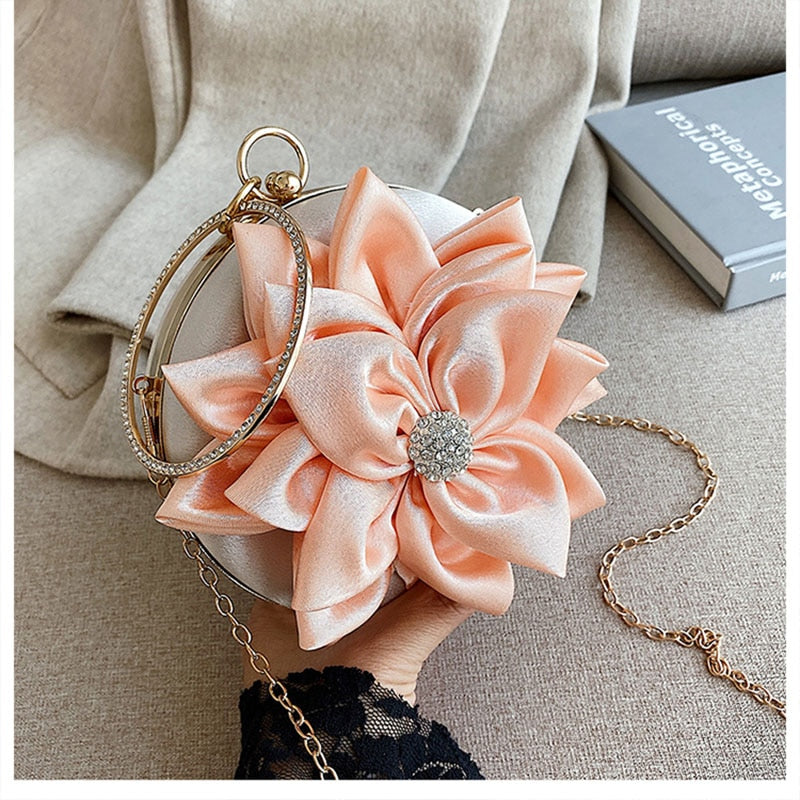 eybag Red Flower Clutch Purse  Women Round  Evening Bag Crystal Diamond Wedding Silk Handbag Exquisite Chain Shoulder Bags FTB154