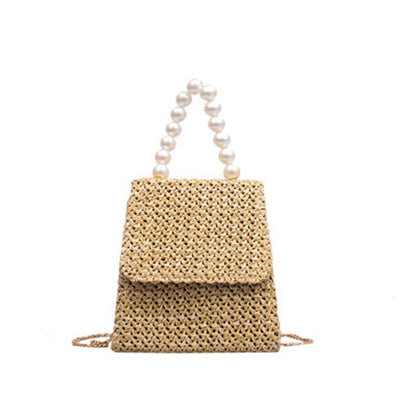 Lkblock Ethnic Pearl Handle Woven Summer Women Straw Bag