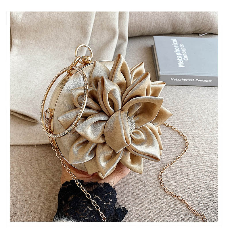 eybag Red Flower Clutch Purse  Women Round  Evening Bag Crystal Diamond Wedding Silk Handbag Exquisite Chain Shoulder Bags FTB154