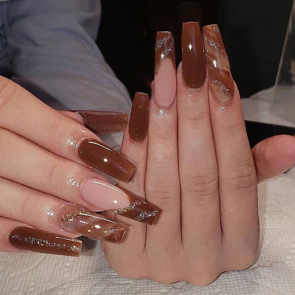 fall gel nails brown chrome nails dope nail designs trendy nails Pink Cow Design False Nail French Full Cover Long Coffin Fake Nails Glue DIY Manicure Nail Art Tools press on nails nail tips