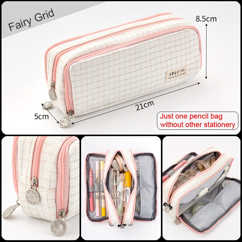 eybag Large Capacity Pencil Case Grid Canvas Pencilcase Student Pen Holder Supplies Pencil Bag School Box Pouch Stationery