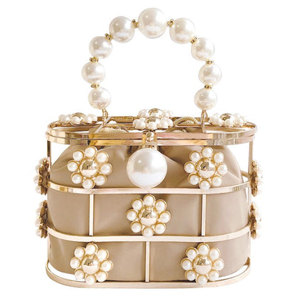 eybag Women's Evening Clutch Bag Hollow Out Pearl Flowers Beaded Metallic Wedding Clutch Purse Bucket Handbag for Party ZD1626