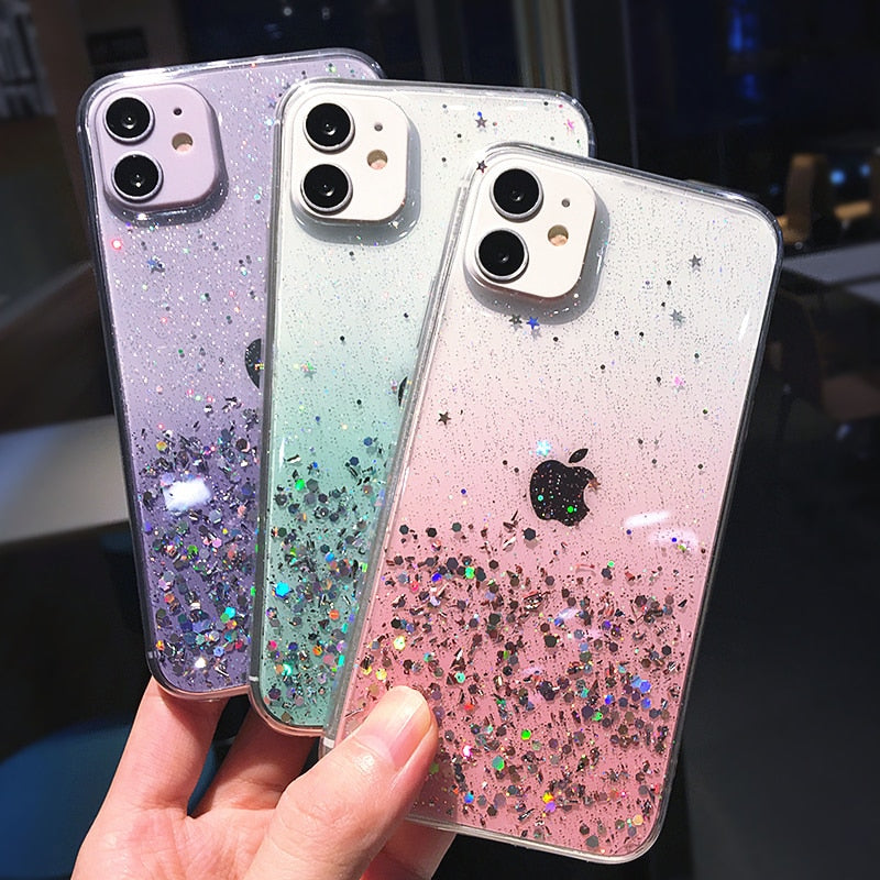 eybag Clear Glitter Phone Case For iPhone 13 12 Pro 11 Pro Max XS Max XR X 7 8 Plus 12Mini SE 2020 Cute Gradient Rainbow Sequins Coque