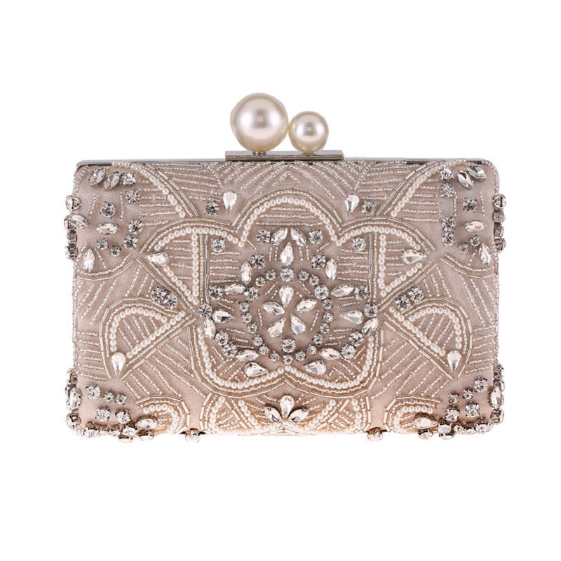 eybag Apricot Silver Crystal Clutch Bags Handmade Beaded Pearl Wedding Clutch Purse Luxury Handbags Women Shoulder Bags