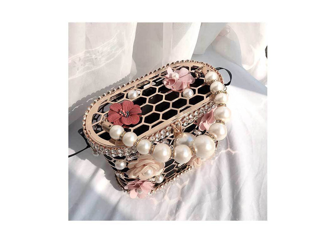 Lkblock Luxury Wedding Clutch Purse Elegant Flower Pearl Handbag for Women Evening Bag Rhinestone Metal Hollow Party Bucket Bag ZD1636