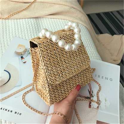 Lkblock Ethnic Pearl Handle Woven Summer Women Straw Bag