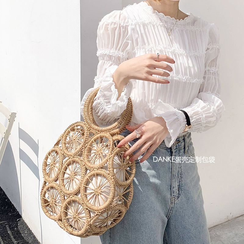 eybag Fashion Rattan Hollow Round Straw Bags Wicker Woven Women Handbags Summer Beach Shoulder Crossbody Bags Casual Lady Bali Purses