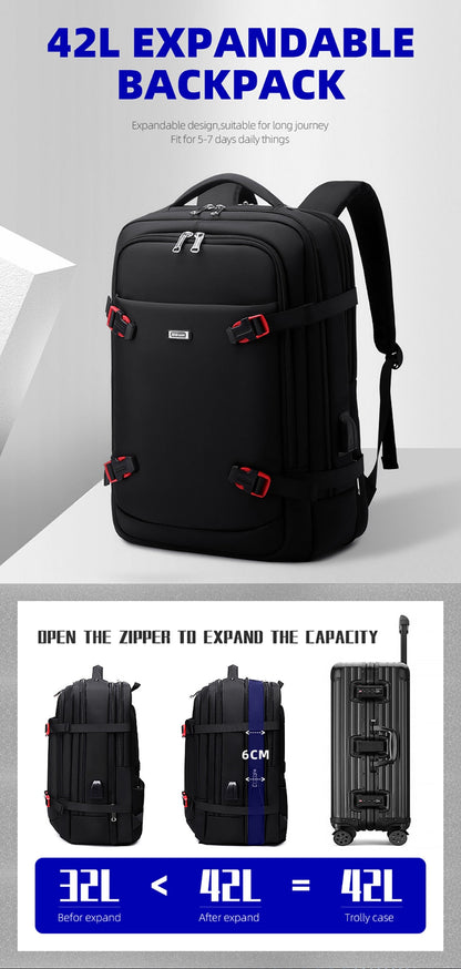 eybag 42L Male Expandable Large Capacity Travel Backpack Men 17 inch Laptop USB Recharging Multi-layer Space Travel Male Bag