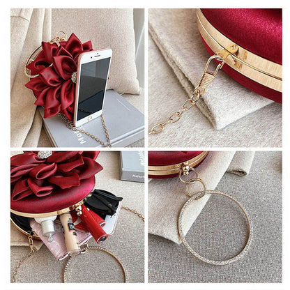 eybag Red Flower Clutch Purse  Women Round  Evening Bag Crystal Diamond Wedding Silk Handbag Exquisite Chain Shoulder Bags FTB154