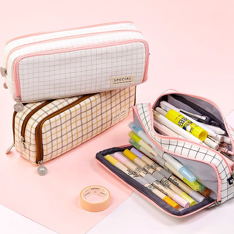 eybag Large Capacity Pencil Case Grid Canvas Pencilcase Student Pen Holder Supplies Pencil Bag School Box Pouch Stationery