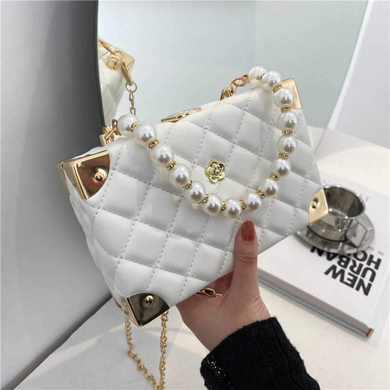 eybag Rhombus Lattice Shoulder Handbags for Women Luxury Leather Crossbody Bag Pearl Chain Tote Bag Ladies Solid Color Messenger Bags