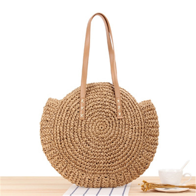 Lkblock Large Capacity Round Zipper Fashionable Straw Woven Bag Handmade Summer Beach Travel Holiday Women Bags