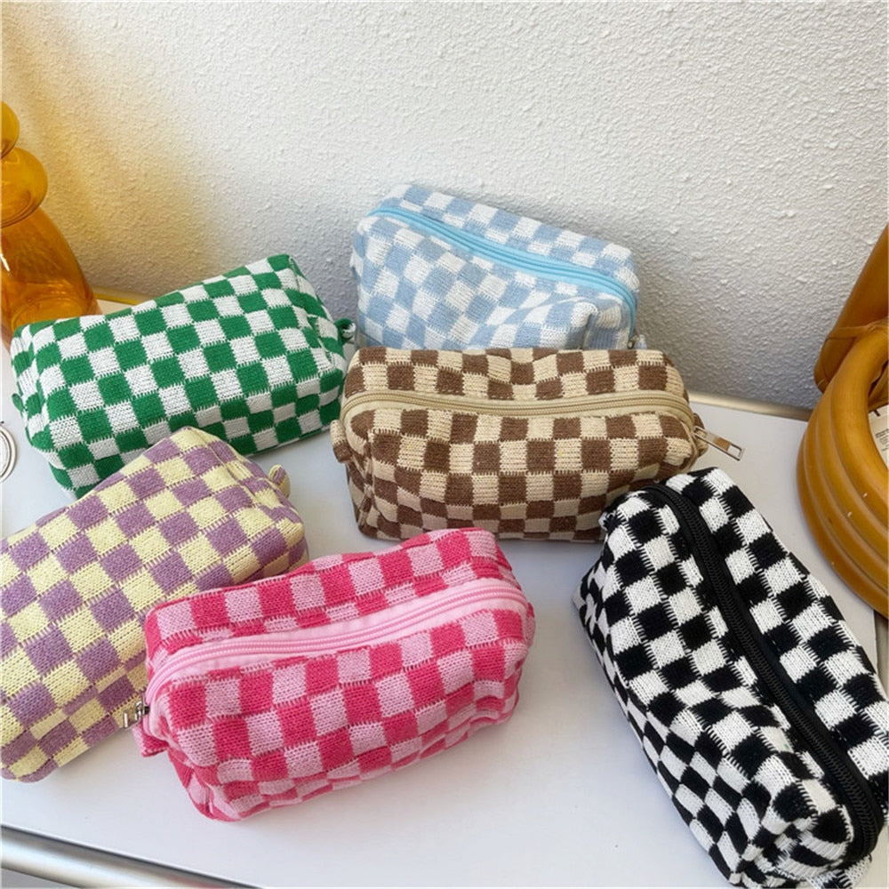 Lkblock Korean Ins Checkerboard Knitted Cosmetic Cases For Women Ladies Large Capacity Lattice Makeup Bags Plaid Beauty Organizer Pouch