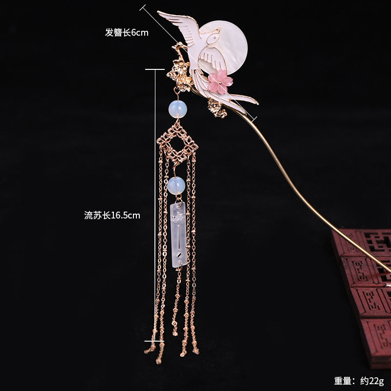   Chinese Long Moon Hair Stick Hanfu tiara Women Hair Accessories Golden Flying Bird Pearl Headpiece Hairpins Women Hair Jewelry