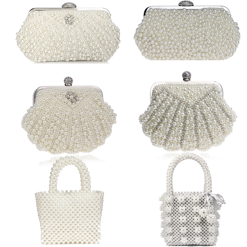 eybag  Beaded Wedding Bridal Evening Bags Hollow Fashion Women Clutch Pearl Diamonds Handbags Shell Design for Party Diner Purse