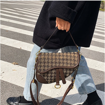 eybag Vintage Houndstooth Saddle Handbag Purses for Women Shoulder Crossbody Bags New Fashion Ladies Messenger Bag High Quality