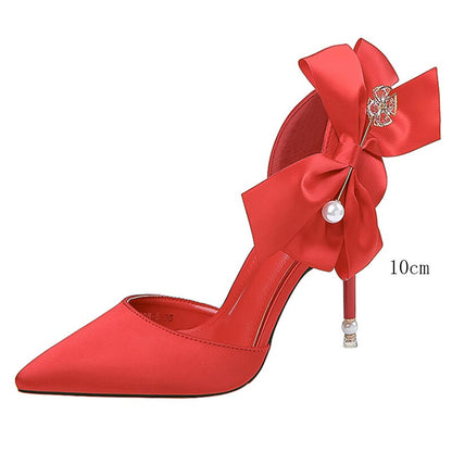 eybag 2022 Elegant Women10cm/7.5cm Pencil Heels Pumps White Butterfly Knots Pumps Red Pearl Satin Pumps Ladies Wedding Plus Size Shoes