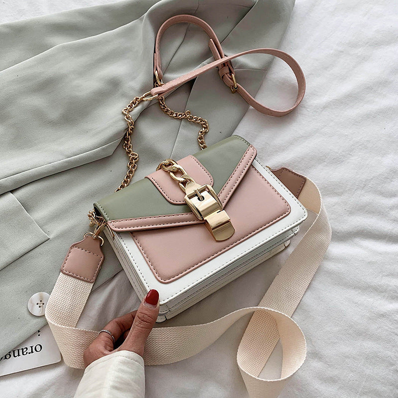 eybag Fashion chain lady Sling bag Panelled color PU Leather Crossbody Bag For Women 2022 new Wide strap Shoulder Messenger Bag Ladies