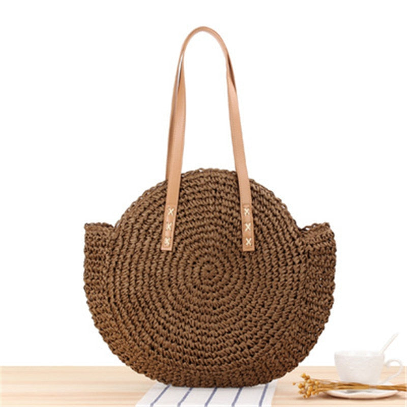 Lkblock Large Capacity Round Zipper Fashionable Straw Woven Bag Handmade Summer Beach Travel Holiday Women Bags