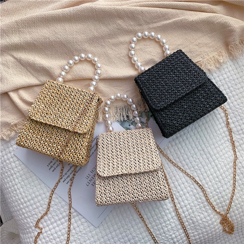 Lkblock Ethnic Pearl Handle Woven Summer Women Straw Bag