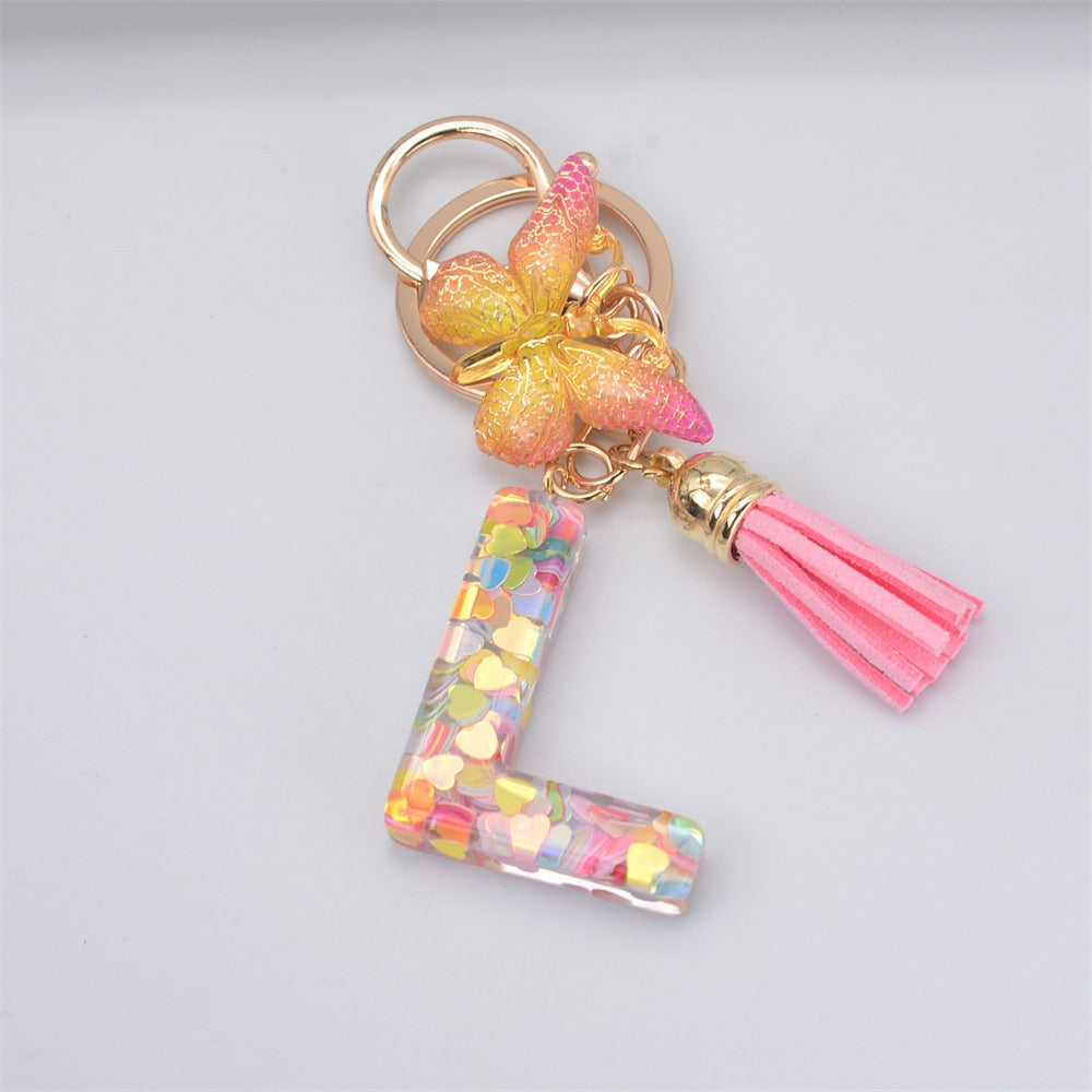 eybag New Exquisite 26 Letter Resin Keychain with Pink Tassel Gradient Butterfly Pendant Key Ring Women Bag Ornaments Accessories Gift