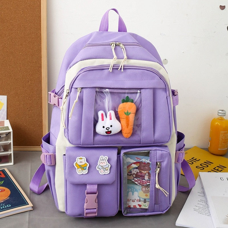 eybag New 4 Pcs Sets Purple Colour Children's School Backpack Kawaii Women's Backpack Bookbag School Bags for Teens Girls Mochila