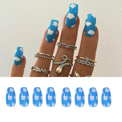 gifts for women hot sale new 24PCS Fake Nails With Glue Rhinestones Long Coffin Flame Press on Nails Detachable French Stick on Nails Art DIY faux ongles