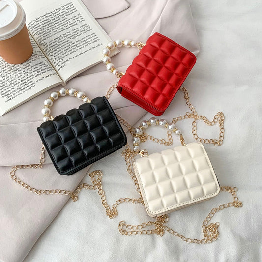 eybag Fashion Women PU Leather Thin Chain Shoulder Crossbody Bag with Pearl Handle Portable Chocolate Grid Solid Color Small Handbags