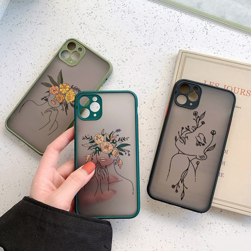 eybag ine Art Sketch Flower Girl Protection Phone Case For iPhone 12 11 13 Pro MAX X XS XR SE 2 6s 7 8 Plus Hard Translucent Cover