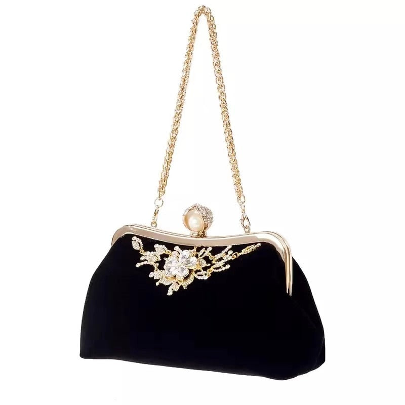 eybag Velvet Evening clutch bag women Diamond Pearl Purse Vintage Crystal Flower Wedding Party Bride Handbag for lady black B358