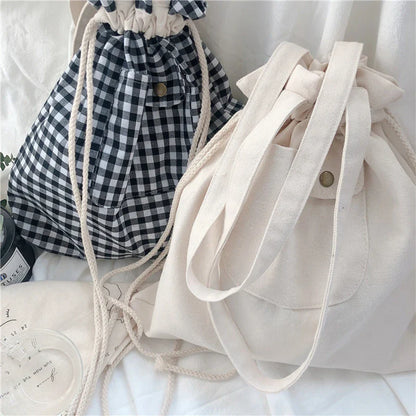 eybag Canvas Tote Bag Pocket Plaid Cream Drawstring Bags