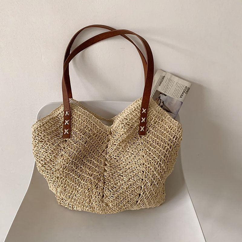 eybag Casual Large Capacity Straw Tote Bag Hollow Woven Women Shoulder Bags Summer Beach Lady Handbag Big Shopper Bag Travel Sac 2022